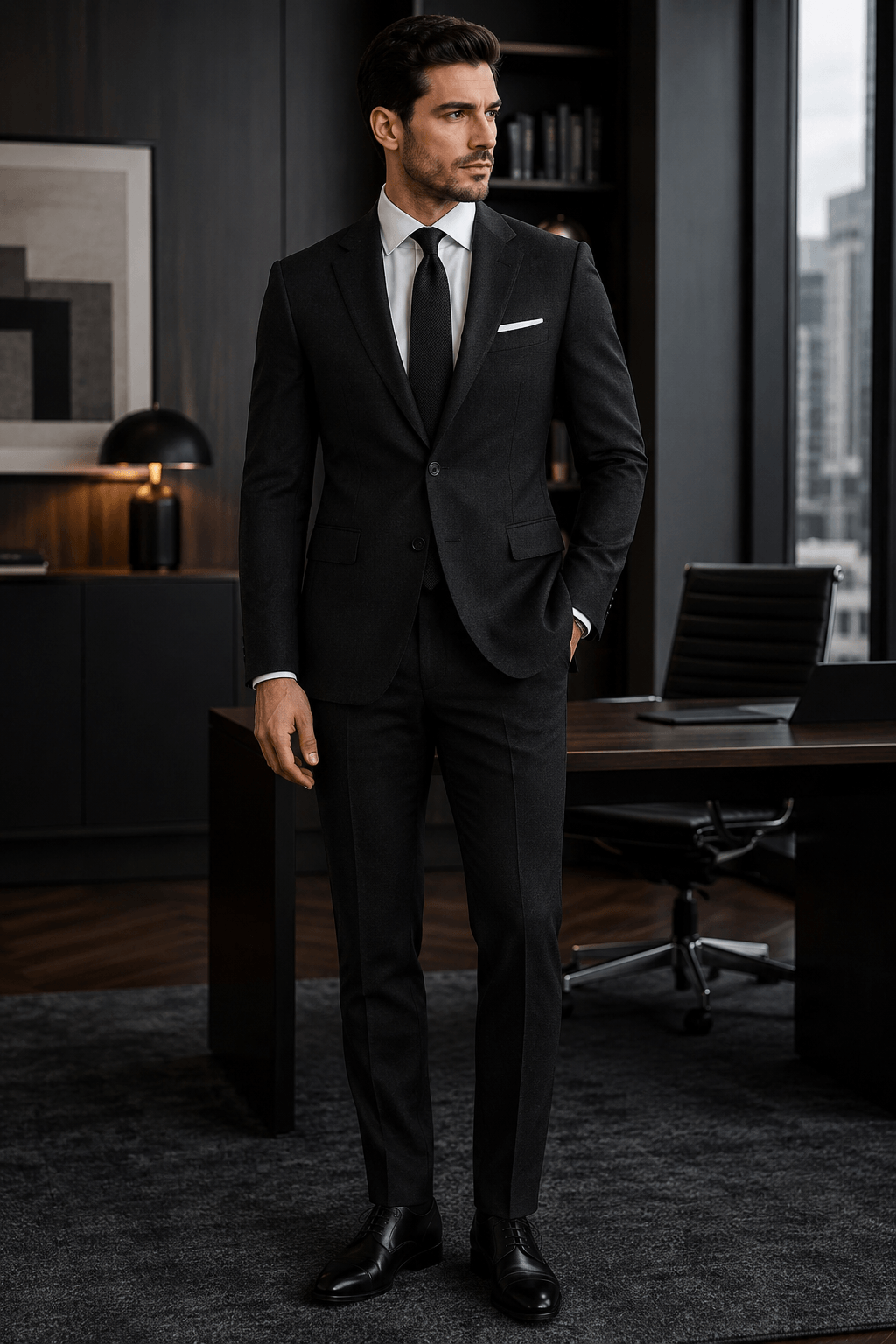 Man wearing a tailored black plain suit with a white dress shirt, black tie, and black Oxford shoes for business formal style