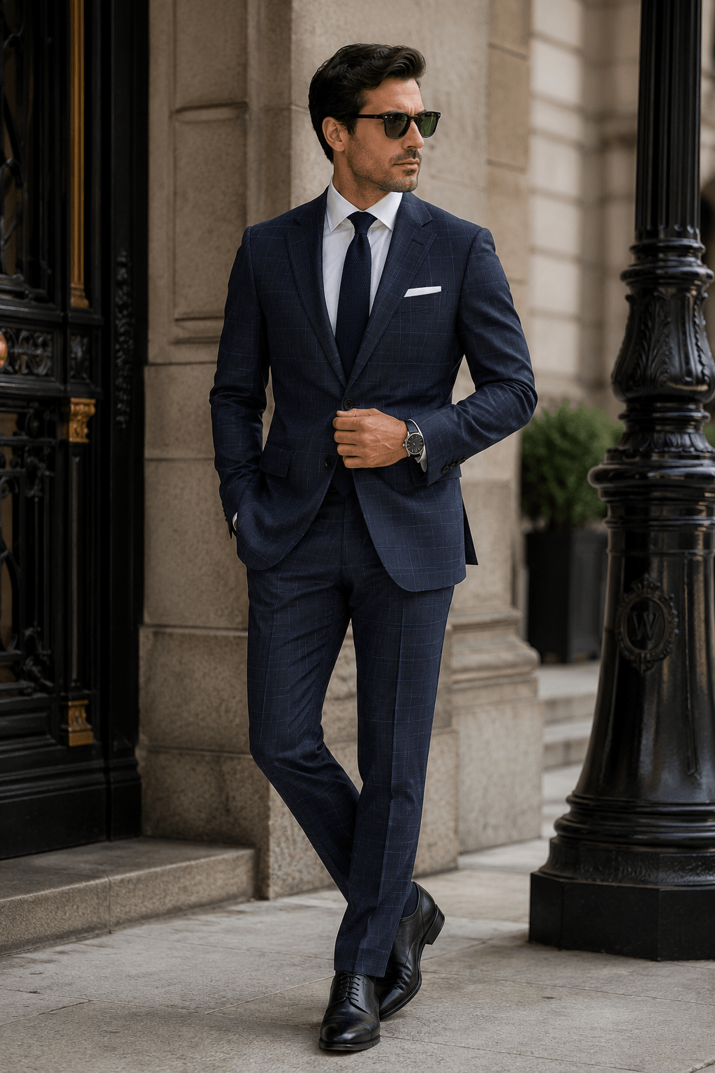 Man wearing a tailored blue plaid suit with a white dress shirt, navy tie, and black Oxford shoes for business formal style