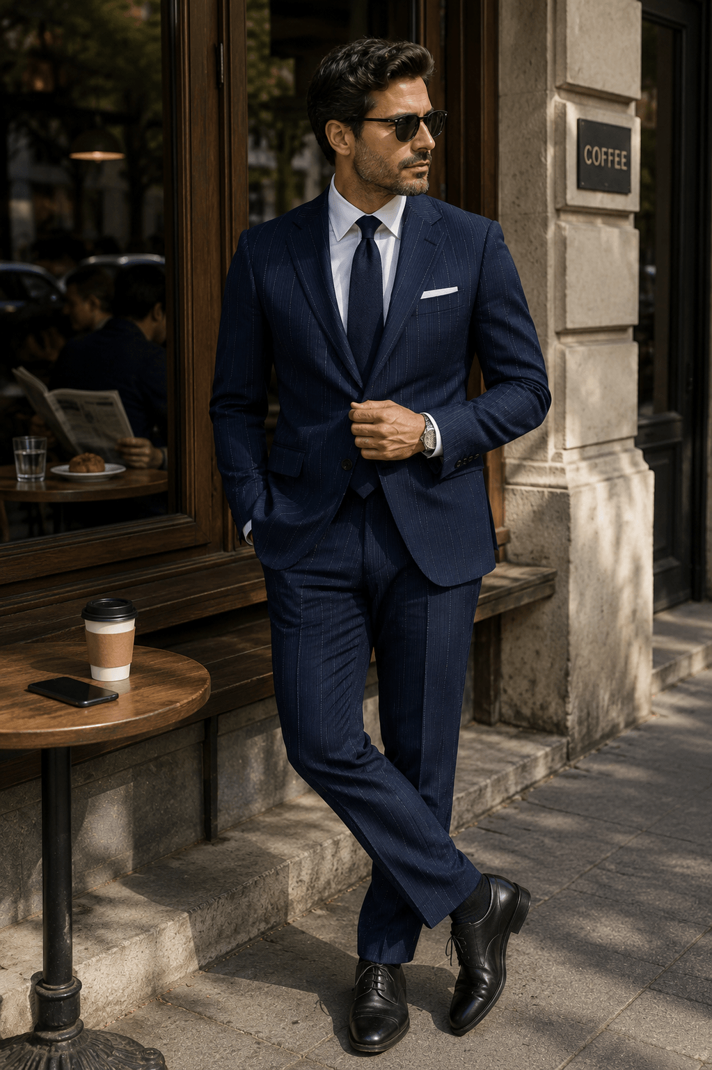 Man wearing a tailored navy pinstripe suit with a white dress shirt, navy tie, and black Oxford shoes for business formal style