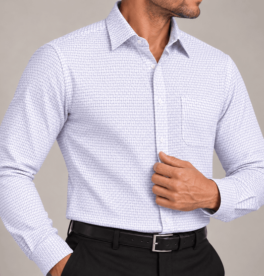 Men's Signature gray jacquard dress shirt with a subtle textured pattern, styled with black trousers and brown loafers.