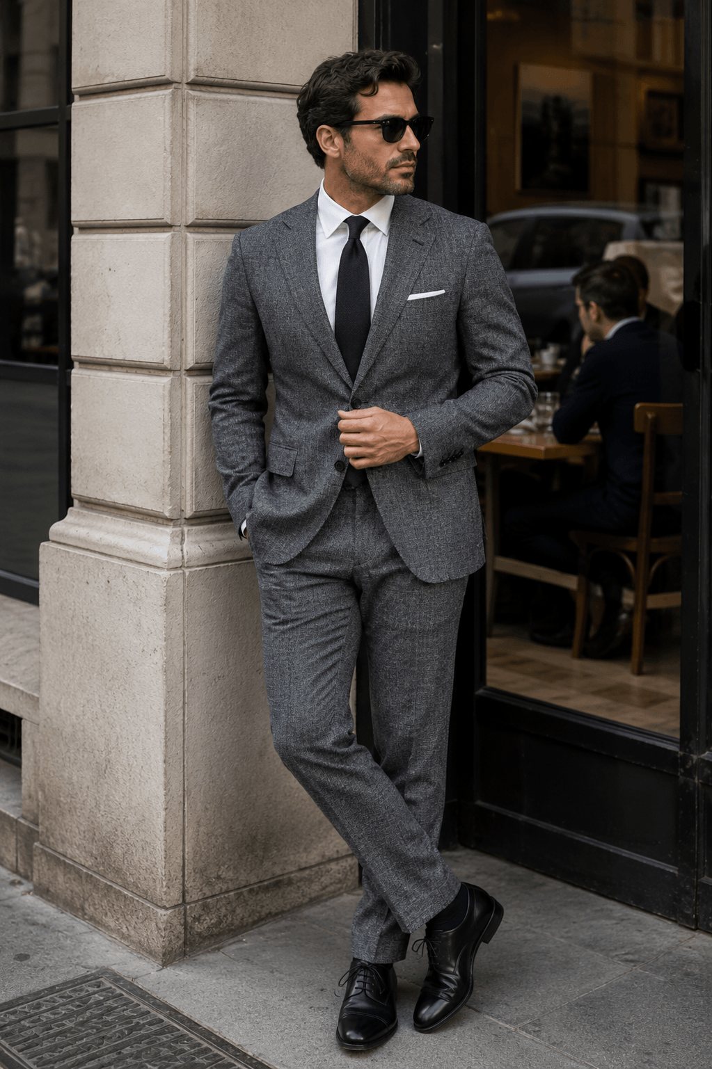 Man wearing a tailored gray plain suit with a white dress shirt, black tie, and black Oxford shoes for business formal style