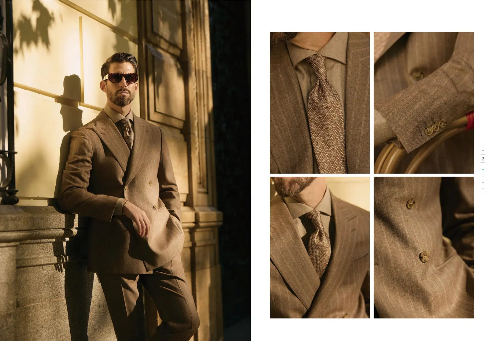 Man in a brown suit with sunglasses, followed by close-up details of the suit.