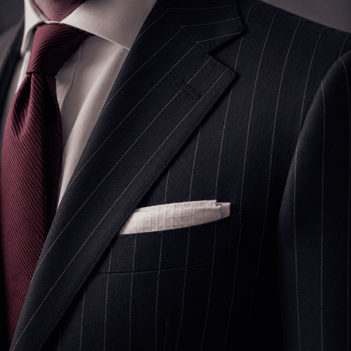 Close-up of a tailored navy pinstripe business suit featuring a crisp white dress shirt, burgundy silk tie, notch lapel, and white pocket square, highlighting premium tailoring and luxury menswear craftsmanship.