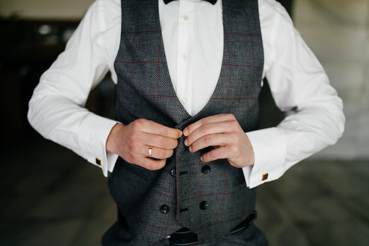 Elegant man adjusting a tailored gray plaid vest over a crisp white dress shirt with gold cufflinks, styled with a black bow tie—premium menswear from Bold Italia Suit.