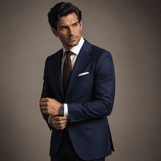 Full-body view of a man wearing a tailored dark blue plain suit with a burgundy silk tie, crisp white dress shirt, white pocket square, and brown leather Oxford shoes, showcasing luxury custom tailoring and timeless executive business style.