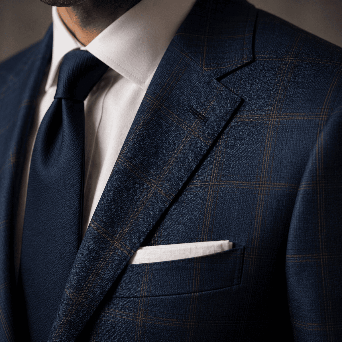 Close-up of a tailored blue windowpane check suit featuring a notch lapel, crisp white dress shirt, textured navy tie, white pocket square, and premium luxury men's tailoring.
