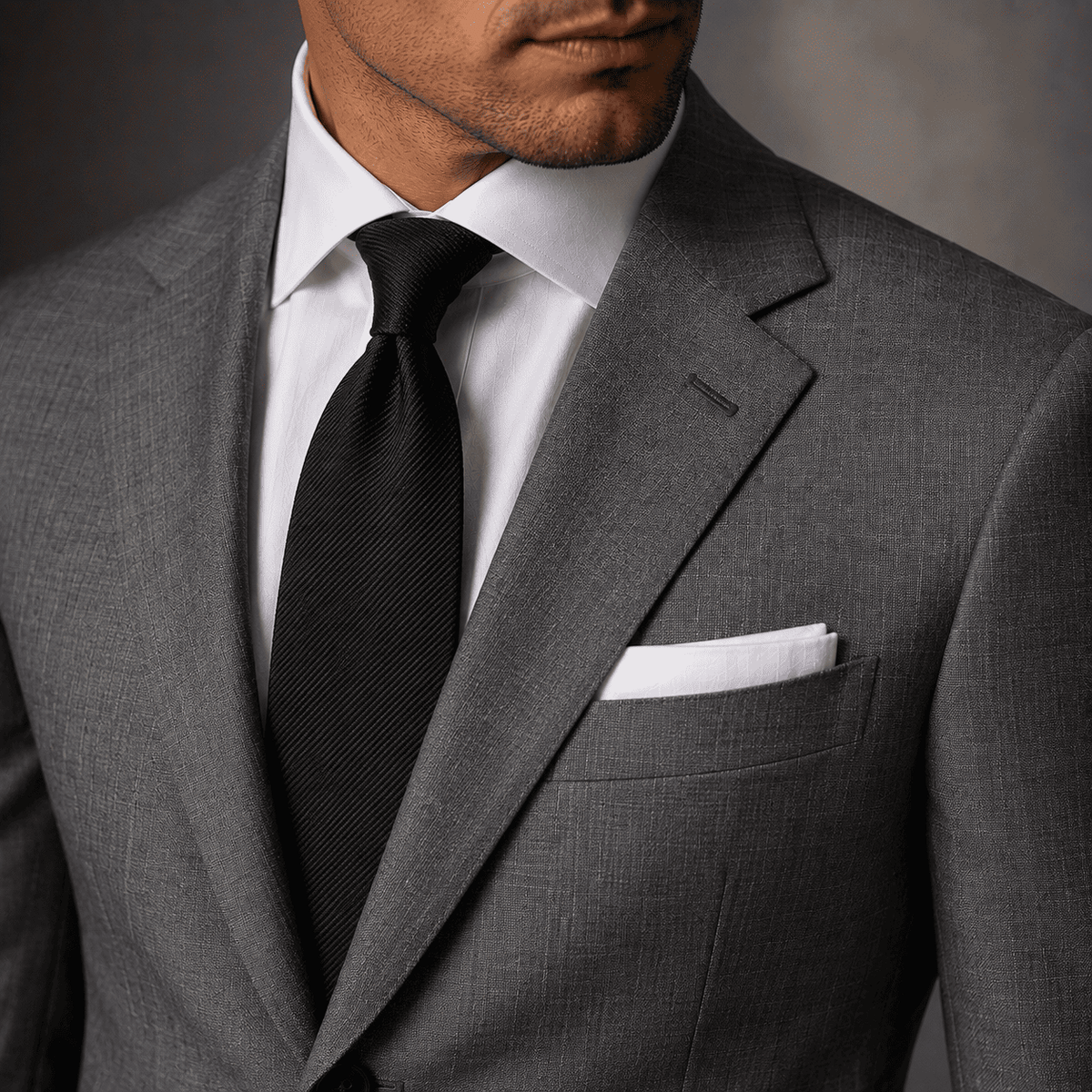 Close-up of a tailored gray business suit with a crisp white dress shirt, black silk tie, white pocket square, and structured notch lapel, highlighting premium custom tailoring and luxury men's formalwear.