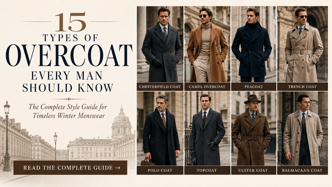 Banners featuring 15 types of men's overcoats including Chesterfield, camel overcoat, peacoat, trench coat, polo coat, topcoat, Ulster coat, and Balmacaan coat with elegant winter menswear styling guide and luxury outerwear inspiration
