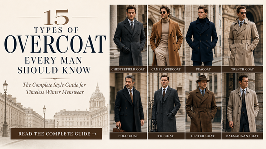 Banners featuring 15 types of men's overcoats including Chesterfield, camel overcoat, peacoat, trench coat, polo coat, topcoat, Ulster coat, and Balmacaan coat with elegant winter menswear styling guide and luxury outerwear inspiration