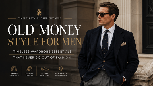Old money style for men featuring a tailored navy suit, camel overcoat, Oxford shirt, loafers, and refined accessories in a timeless luxury setting.