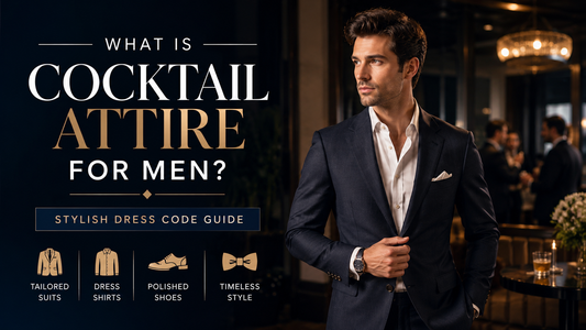Cocktail attire for men with tailored navy suit and elegant formal evening style banner image