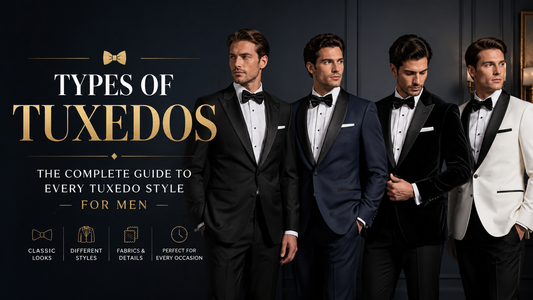 Elegant editorial banner featuring four men wearing different tuxedo styles including classic black, navy, velvet, and white dinner jackets, showcasing modern luxury formalwear for men in a sophisticated black-tie fashion setting.