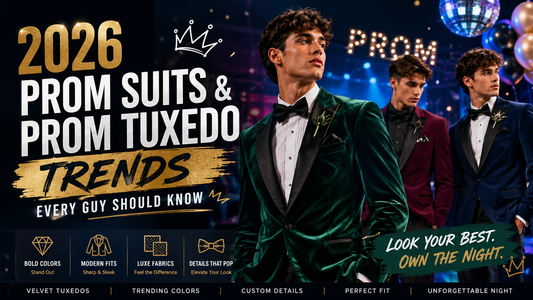 Stylish young men wearing luxury velvet prom tuxedos in emerald green, burgundy, and navy blue at a glamorous prom party, showcasing the top 2026 prom suit and tuxedo trends with cinematic lighting and modern fashion styling.