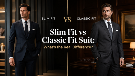 Slim fit vs classic fit suit comparison featuring two men in tailored navy business suits, showcasing modern slim silhouette versus traditional classic tailoring in a luxury menswear editorial setting.