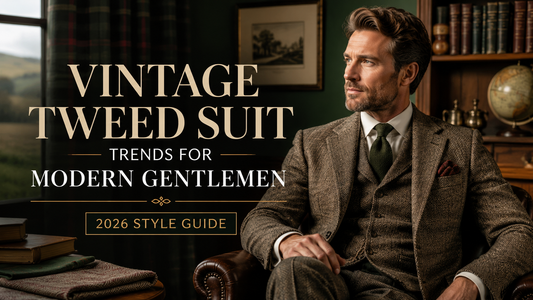 Vintage tweed suit trend banner featuring a modern gentleman wearing a tailored brown three-piece tweed suit in a luxurious vintage-inspired study, showcasing classic heritage menswear styling with refined 2026 fashion aesthetics.
