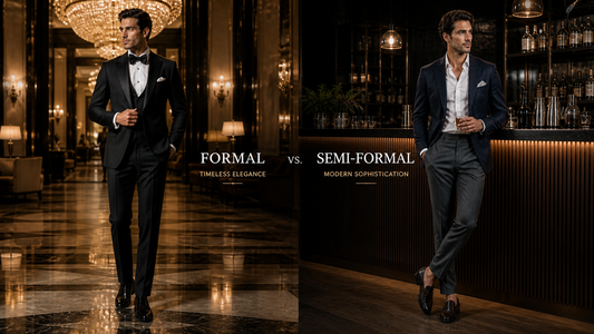 Formal vs semi formal menswear comparison with tuxedo and blazer outfit in premium luxury environment