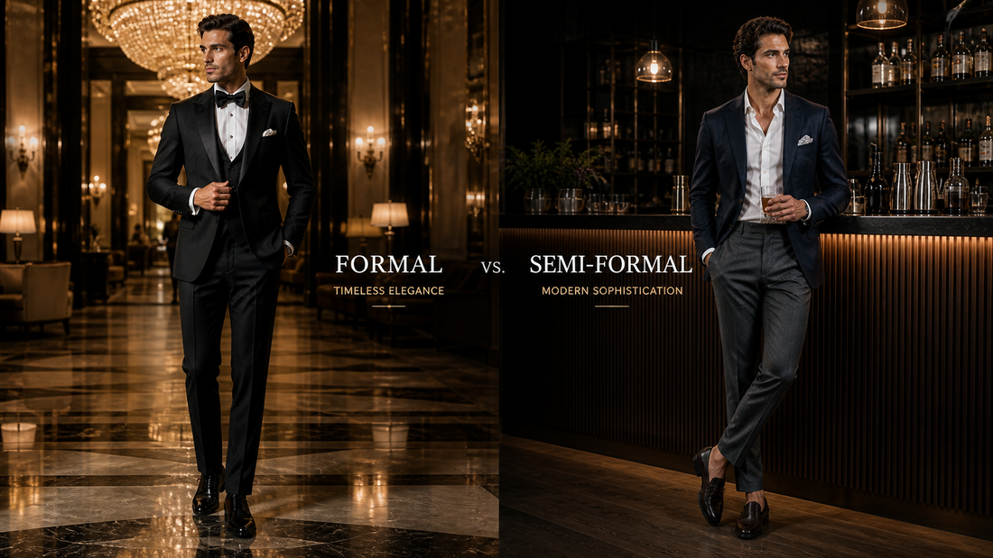 Formal vs semi formal menswear comparison with tuxedo and blazer outfit in premium luxury environment