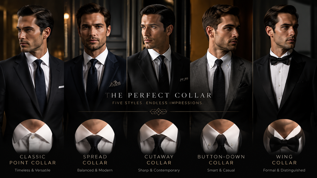 Men’s shirt collar styles guide with tailored suits and formal menswear looks