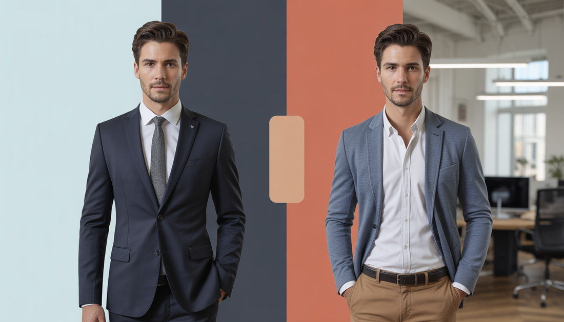 Side-by-side comparison of formal vs business casual for men, showing suit and tie on one side and blazer with chinos on the other in a modern office setting