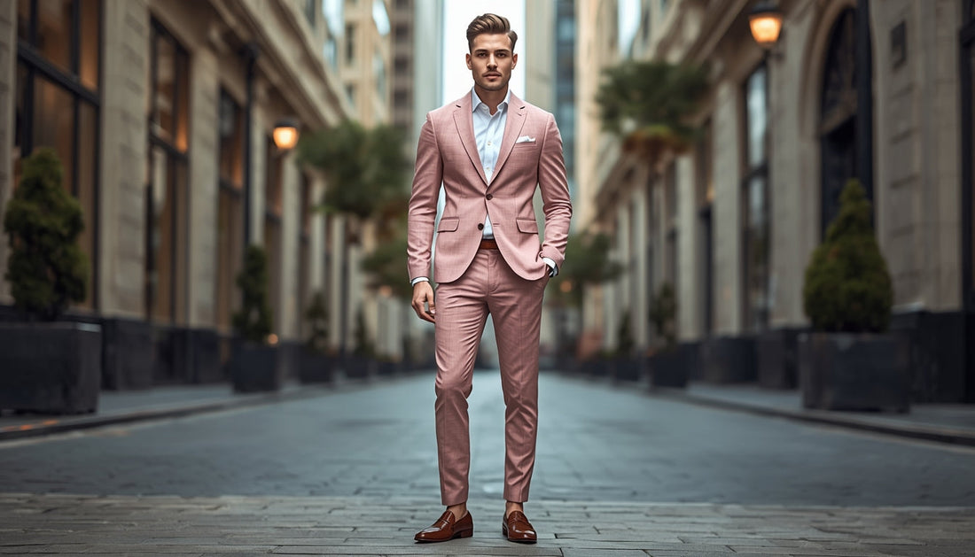Man wearing a tailored pink suit styled for modern men's fashion and formal occasions.
