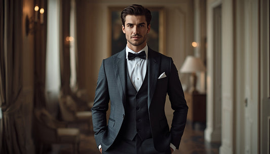 Groom wearing a tailored wedding suit with waistcoat and bow tie, showcasing a classic and elegant wedding suit style for men.