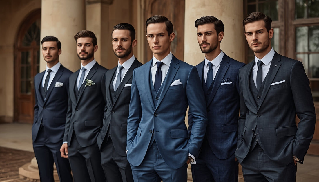 Groomsmen wearing coordinated modern suits in navy, charcoal, and grey tones, showcasing tailored fits and classic wedding suit styles for 2026.