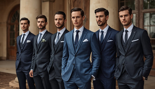 Groomsmen wearing coordinated modern suits in navy, charcoal, and grey tones, showcasing tailored fits and classic wedding suit styles for 2026.