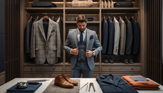 Man choosing a modern slim tailored suit after weight loss with old oversized suit hanging in luxury closet.