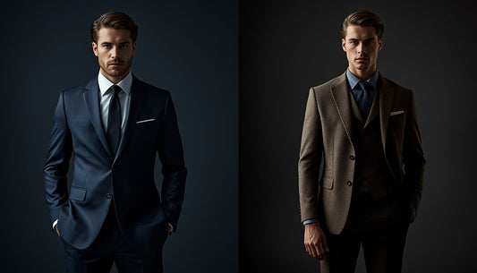 Business suit vs professional suit comparison, male model wearing classic navy suit with tie and modern textured 3-piece suit with open collar, cinematic lighting, high-end fashion editorial