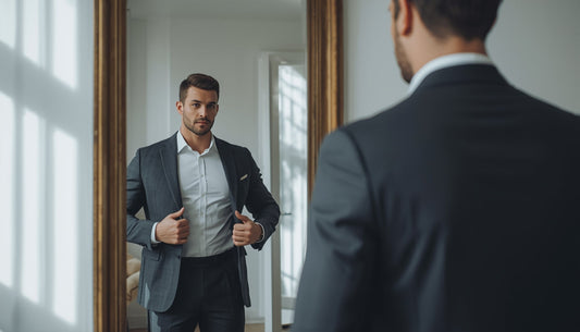 Fit, well-dressed man adjusting his tailored suit jacket in front of a mirror, showing a slimmer physique in a minimal modern NYC apartment with natural light.