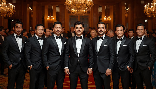 Formal evening gala in an elegant ballroom, guests dressed in traditional black tuxedos under warm chandelier lighting, standing with refined posture and confident presence in a luxury setting.
