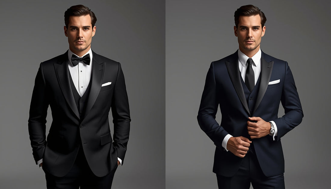 Side-by-side comparison of a classic black tuxedo with satin lapels and bow tie vs a navy three-piece suit with necktie, illustrating the difference between tuxedo and suit for formal occasions