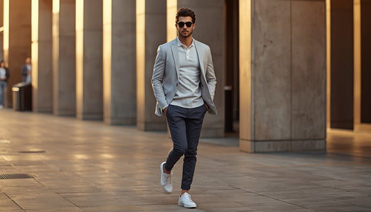Stylish man walking through a modern city in a smart casual outfit with chinos, polo shirt, blazer, and white sneakers during golden hour.