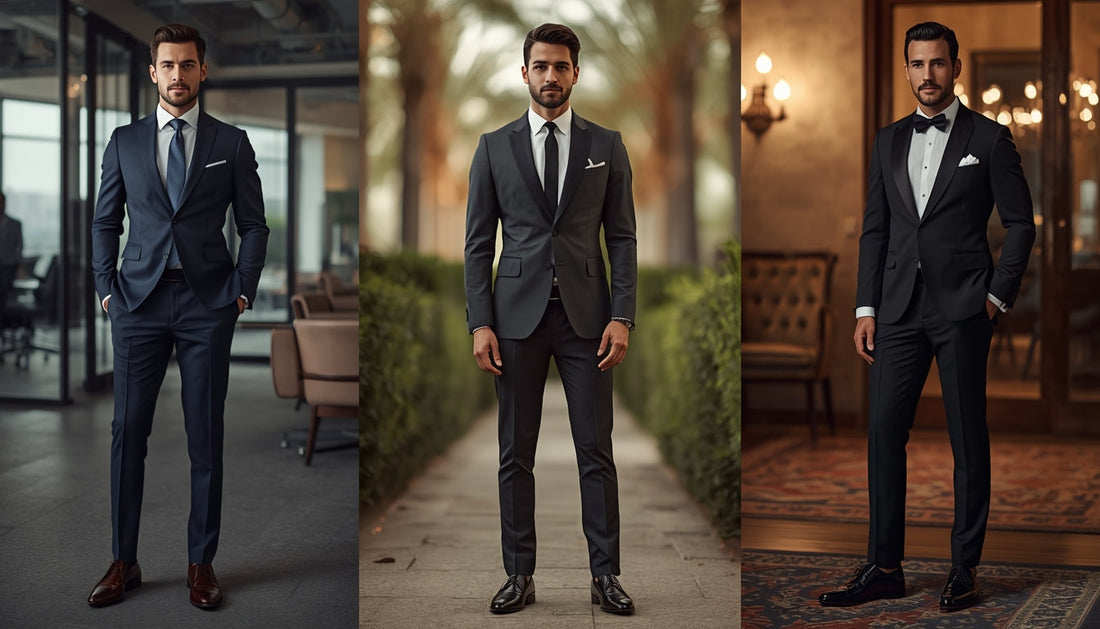Three men in formal wear including office suit, wedding suit, and black-tie tuxedo.