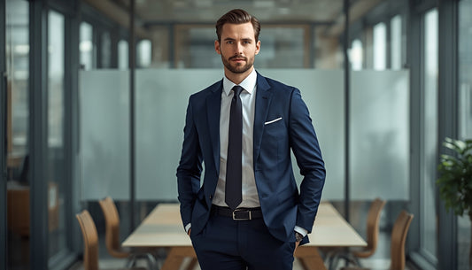 Confident businessman wearing a tailored navy suit with a white dress shirt and silk tie, standing in a modern glass office with natural daylight and a polished professional appearance.
