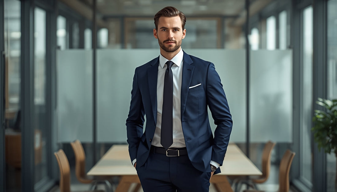 Confident businessman wearing a tailored navy suit with a white dress shirt and silk tie, standing in a modern glass office with natural daylight and a polished professional appearance.