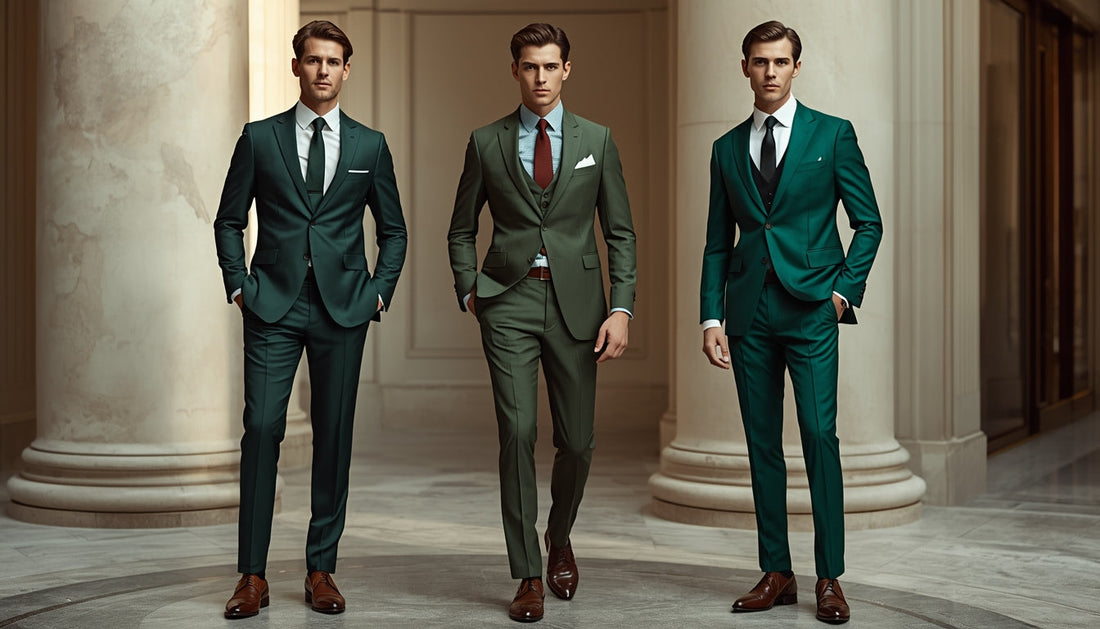 Modern men's green suits featuring forest, olive, and emerald shades with sharp tailoring