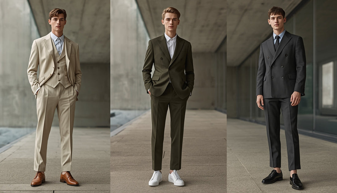 Three men wearing modern 2026 suit trends including beige relaxed tailoring, olive slim-fit suit, and charcoal double-breasted suit.
