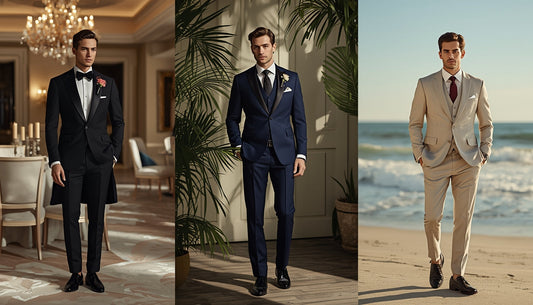 Men’s wedding outfits comparison showing formal tuxedo, semi-formal navy suit, and casual linen blazer styles in luxury settings