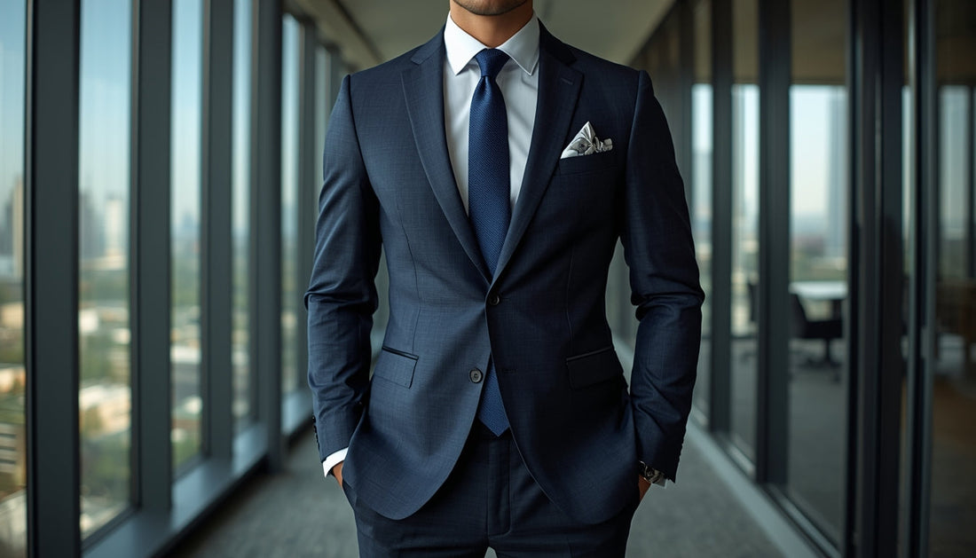 Modern business professional attire with tailored navy suit and structured fit in corporate environment.