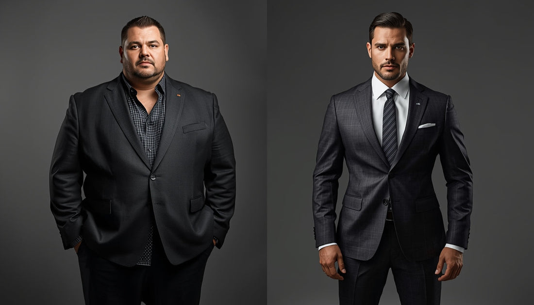 Front-facing split image of the same man before and after weight loss—left side in a loose, ill-fitting suit with slouched posture, right side in a sharp, perfectly tailored suit with confident stance and clean silhouette.