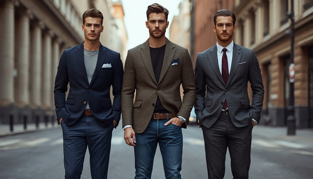 Three men wearing a blazer, sport coat, and suit jacket side by side showing the difference in men's formal and smart casual styles.