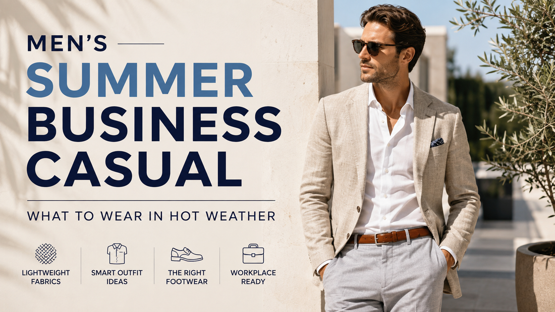 Men's summer business casual outfit featuring a beige linen blazer, white dress shirt, light trousers, and loafers for professional hot-weather office style.