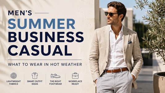Men's summer business casual outfit featuring a beige linen blazer, white dress shirt, light trousers, and loafers for professional hot-weather office style.