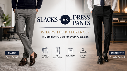 Slacks vs dress pants comparison showing smart casual slacks and formal dress pants styled for modern men's business and formal occasions.