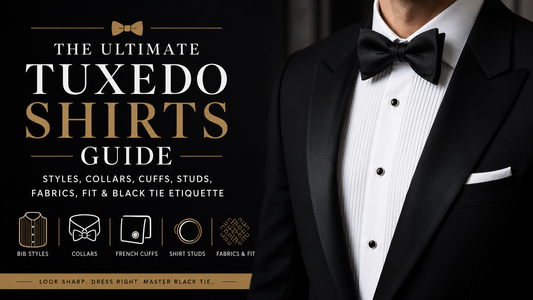 Elegant black tuxedo with a pleated white tuxedo shirt, black bow tie, French cuffs, and shirt studs featured in a tuxedo shirts guide for black tie formalwear.