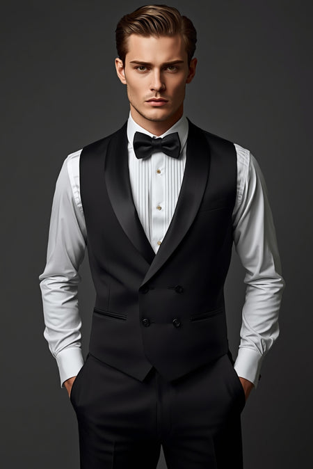 Man wearing black tuxedo waistcoat with white shirt and bow tie formal outfit