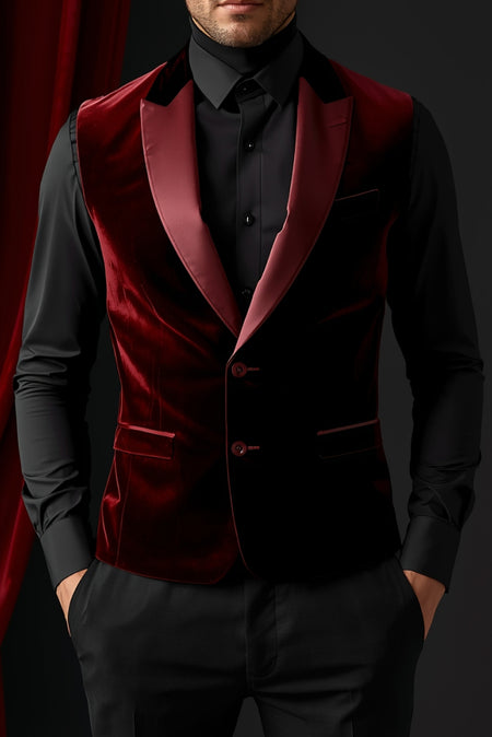 Man wearing burgundy velvet waistcoat with black shirt formal evening outfit