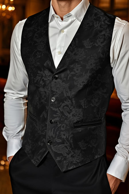 Men’s black floral waistcoat with white shirt formal vest outfit detail