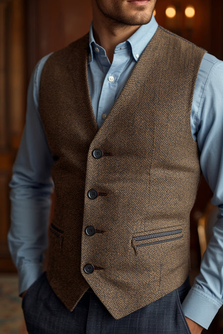 Men’s brown tweed waistcoat with blue shirt smart casual vest outfit detail